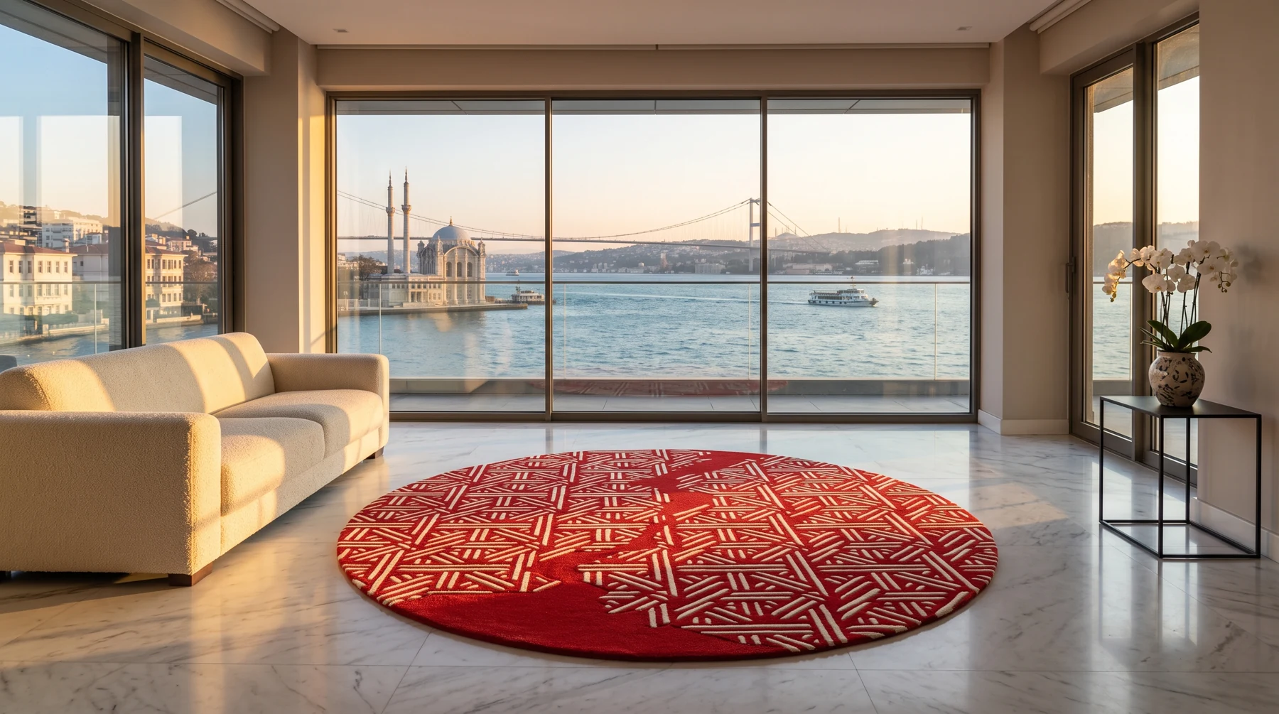 İstanbul Boğazı manzaralı salonda kırmızı ve krem desenli yuvarlak halı